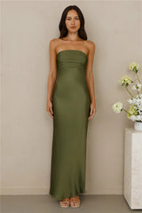 The Seraphina Strapless Satin Maxi Dress Olive