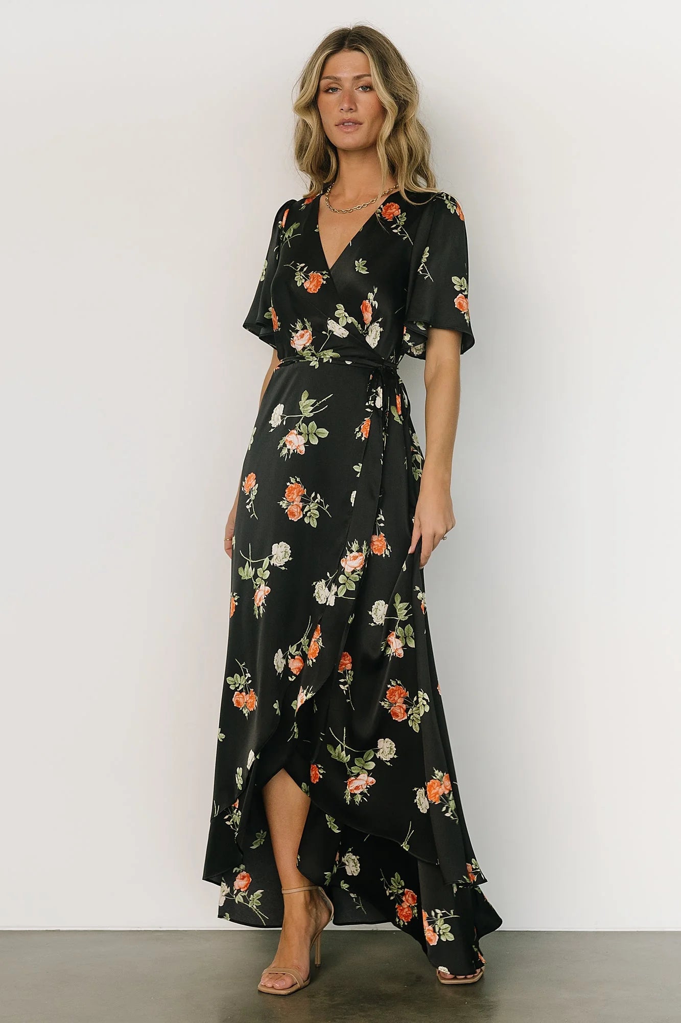 Amara Wrap Dress | Black + Coral Floral