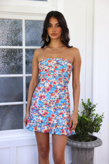 Tropical Feel Strapless Mini Dress Blue