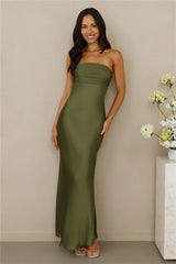 The Seraphina Strapless Satin Maxi Dress Olive