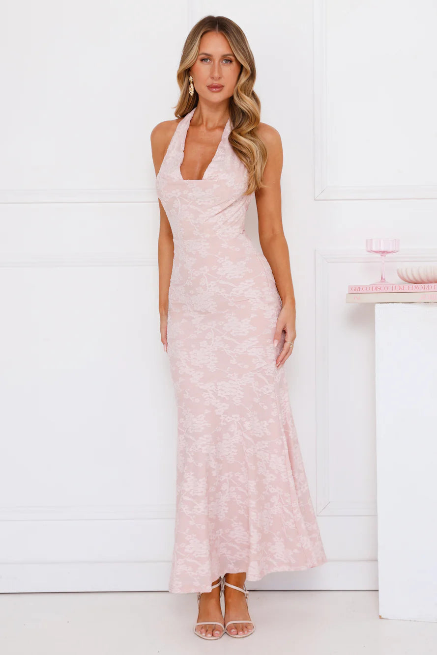 Coconut Whirl Halter Maxi Dress Pink