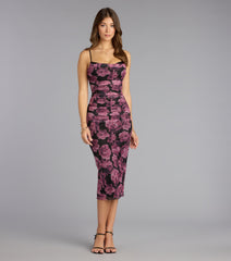 Rosé Evening Floral Mesh Midi Dress