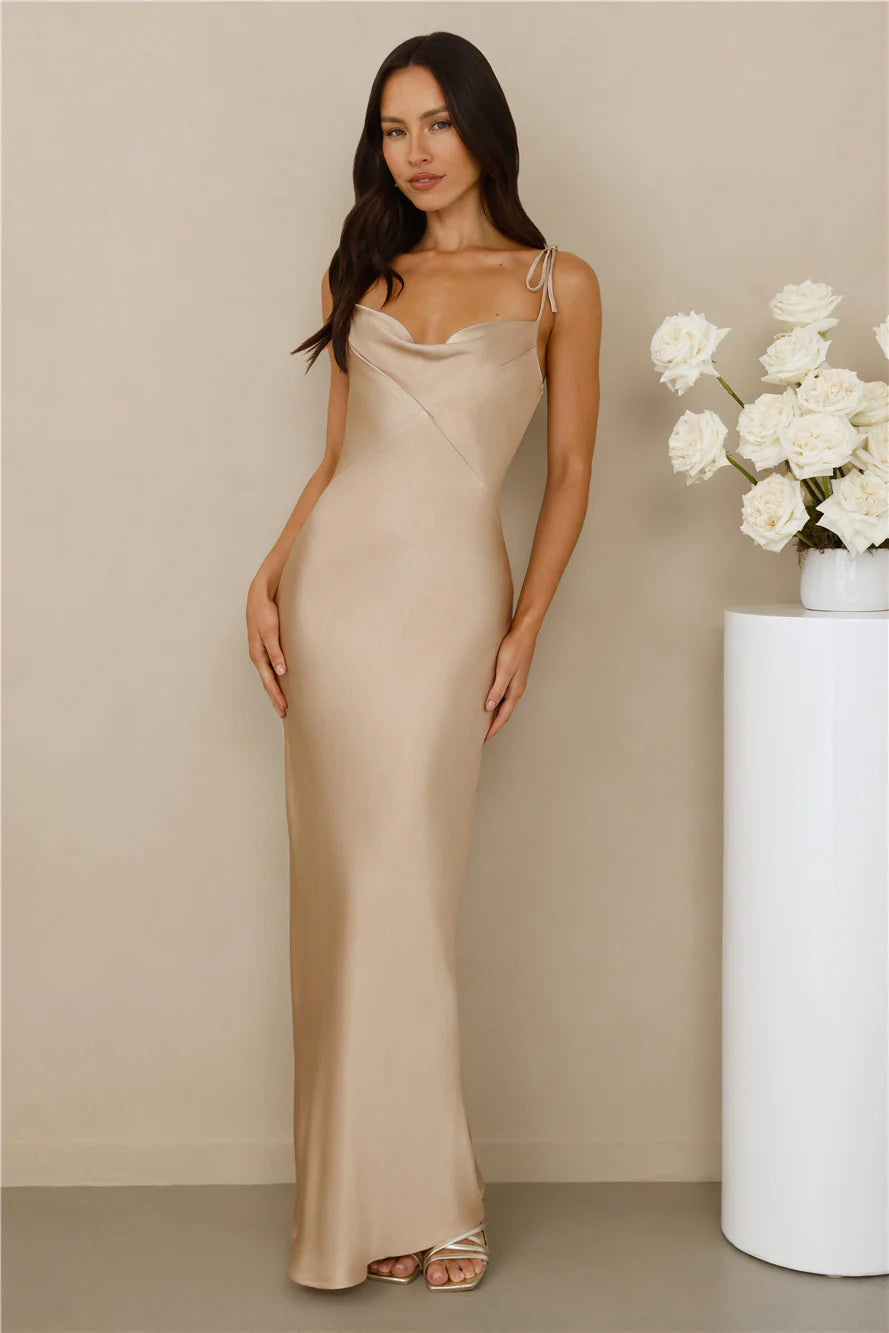 The Penelope Cowl Satin Maxi Dress Champagne