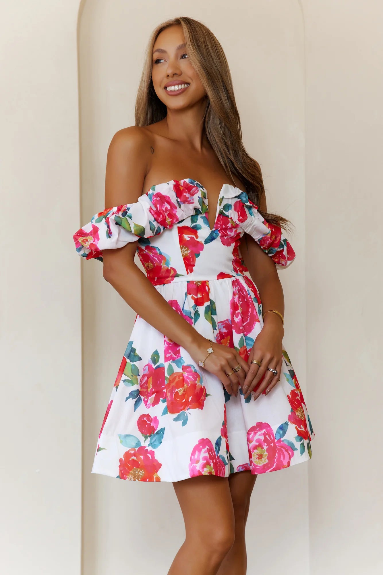 Velvet Rosé Off Shoulder Mini Dress White