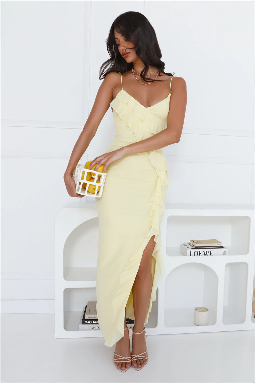 Flaunt It Girl Frill Mesh Maxi Dress Yellow