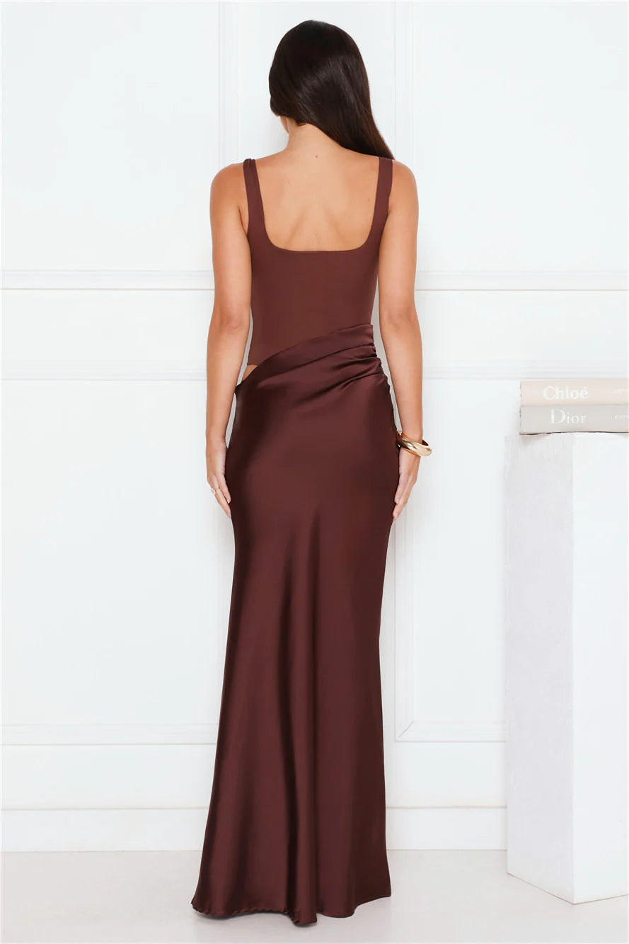 Effortlessly Yours Satin Maxi Dress Chocolate