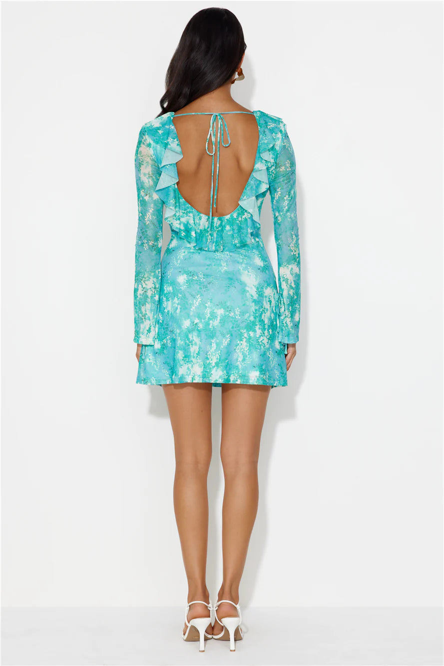 Fun For All Long Sleeve Mesh Mini Dress Green