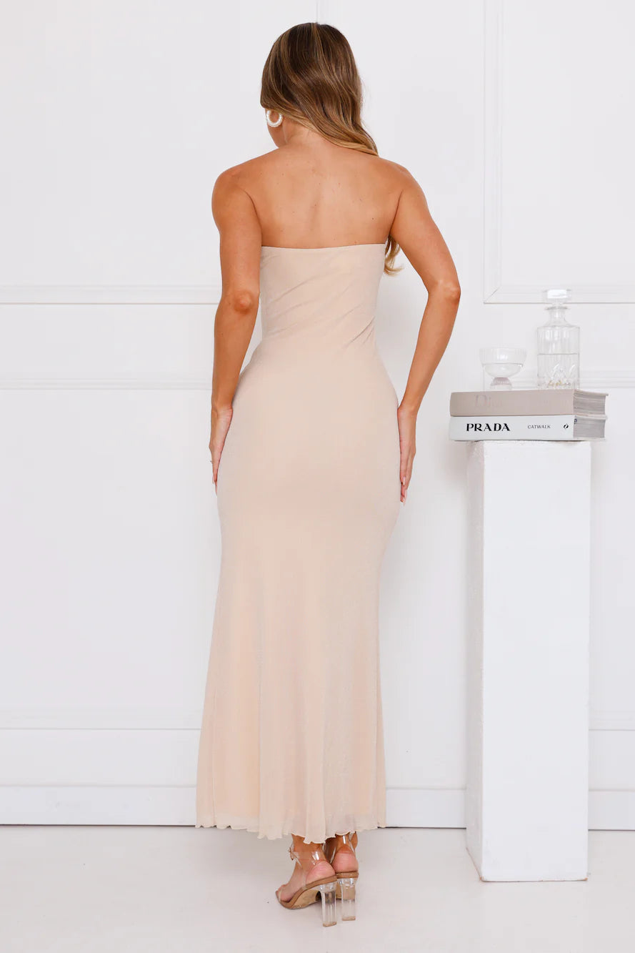 Classic Charm Strapless Midi Dress Beige