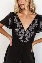 Swan Bead Embroidered Midi Dress | Black