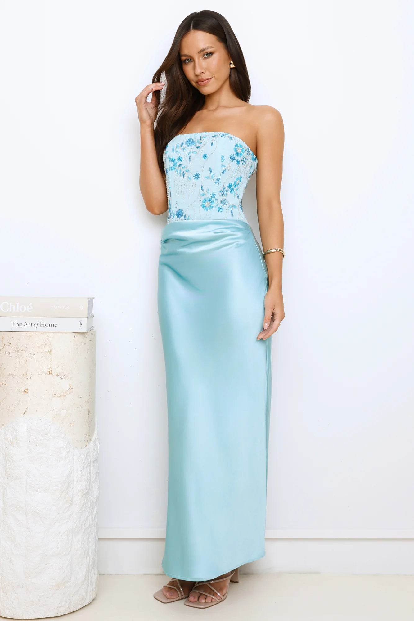 Dazzle On Demand Strapless Satin Maxi Dress Blue