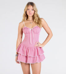 Such A Sweetie Open Back Gingham Ruffle Skater Dress