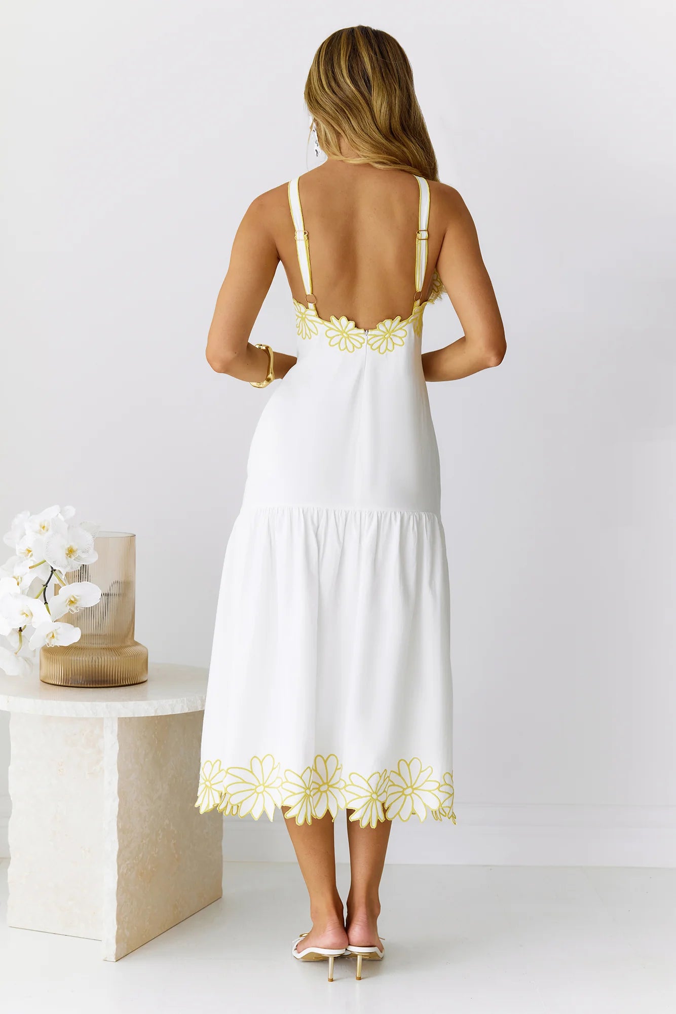 Golden Petals Midi Dress White