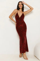 Zebra Charm Halter Maxi Dress Red