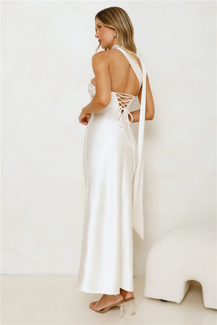 Be Noticed Strapless Satin Maxi Dress Champagne