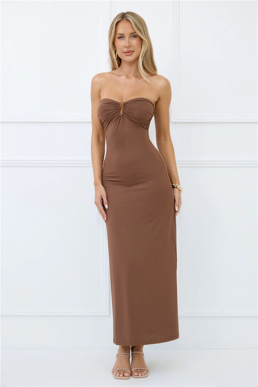 Find Your Wild Strapless Maxi Dress Brown