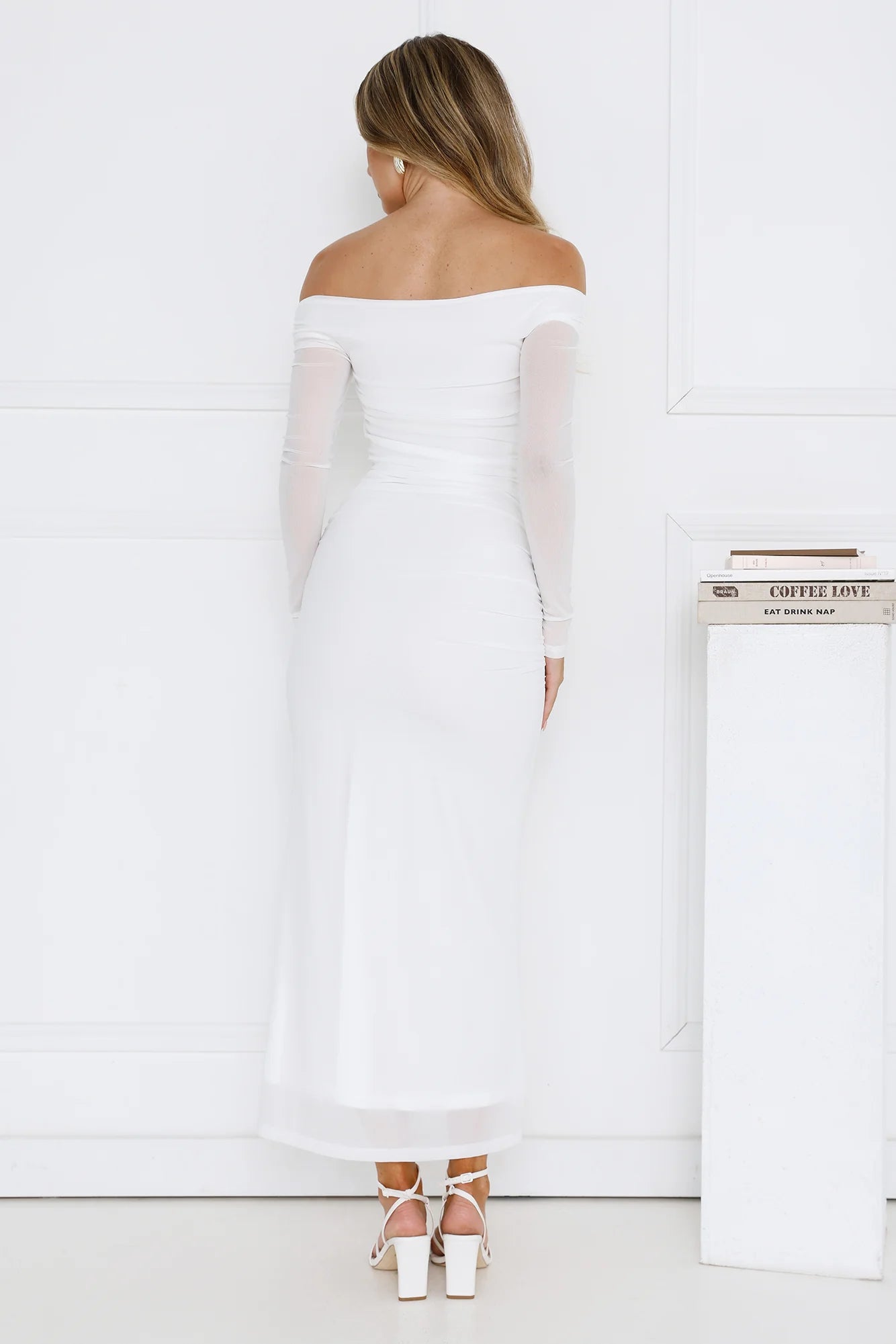 Curve Embrace Off Shoulder Mesh Maxi Dress White