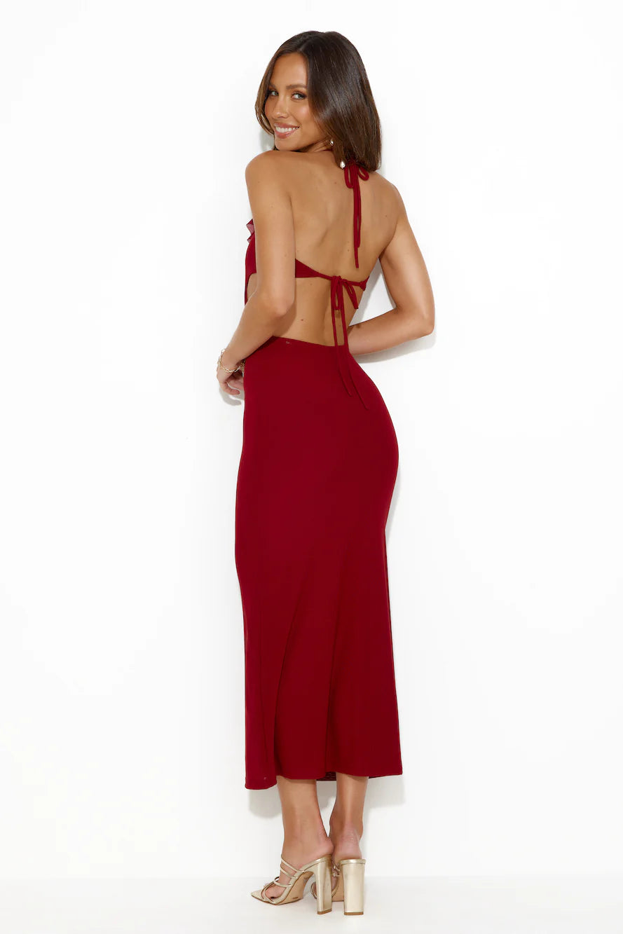 Girl Is Snatched Mesh Halter Maxi Dress Burgundy