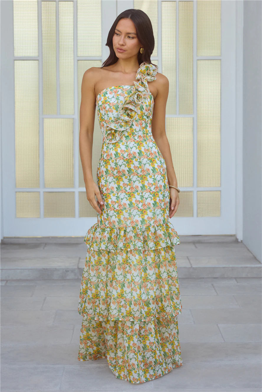 Blooming In Summer One Shoulder Maxi Dress Orange
