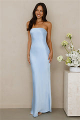 The Felicity Strapless Satin Maxi Dress Blue