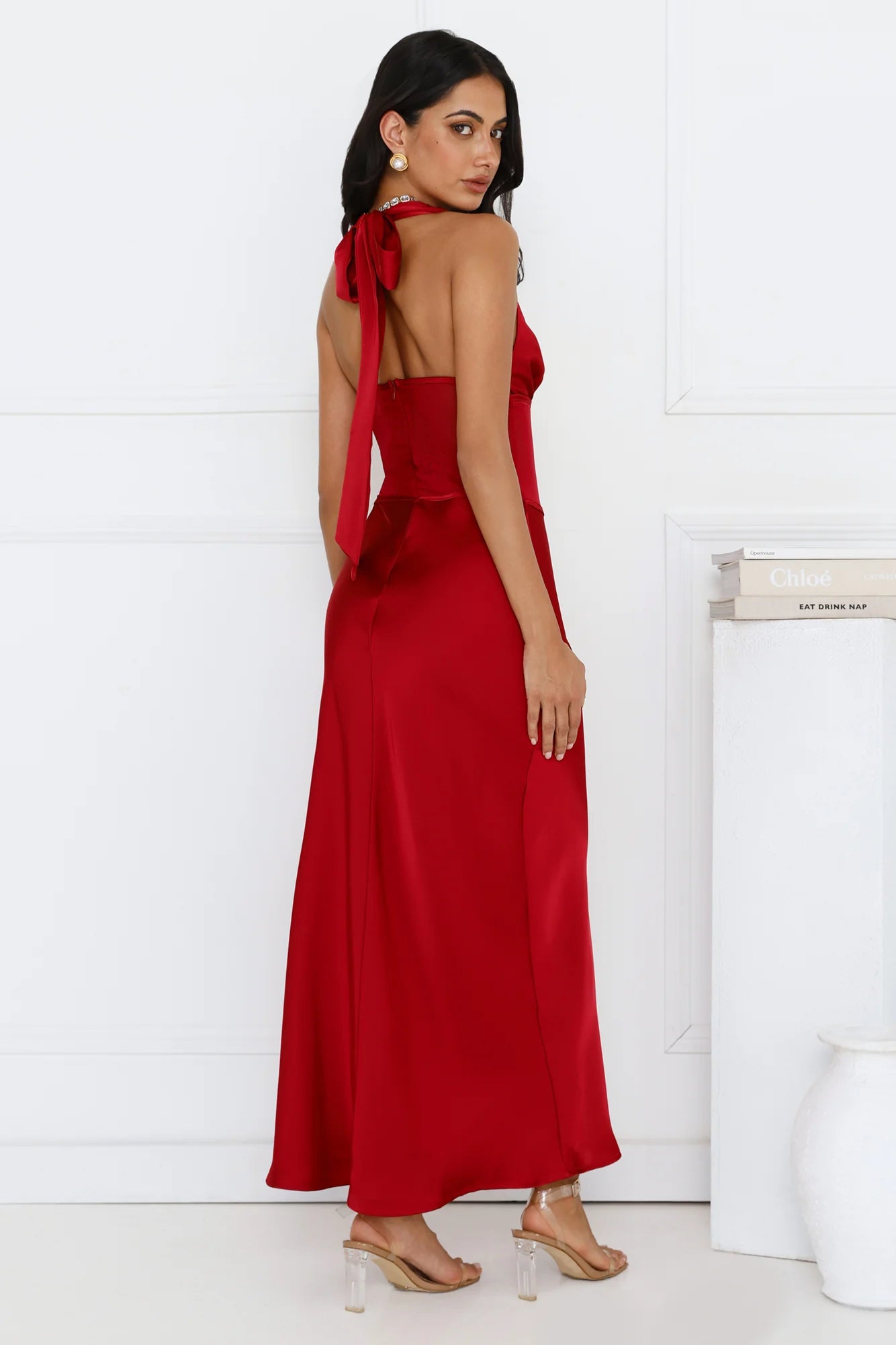 Flowers For Myself Satin Halter Maxi Dress Maroon