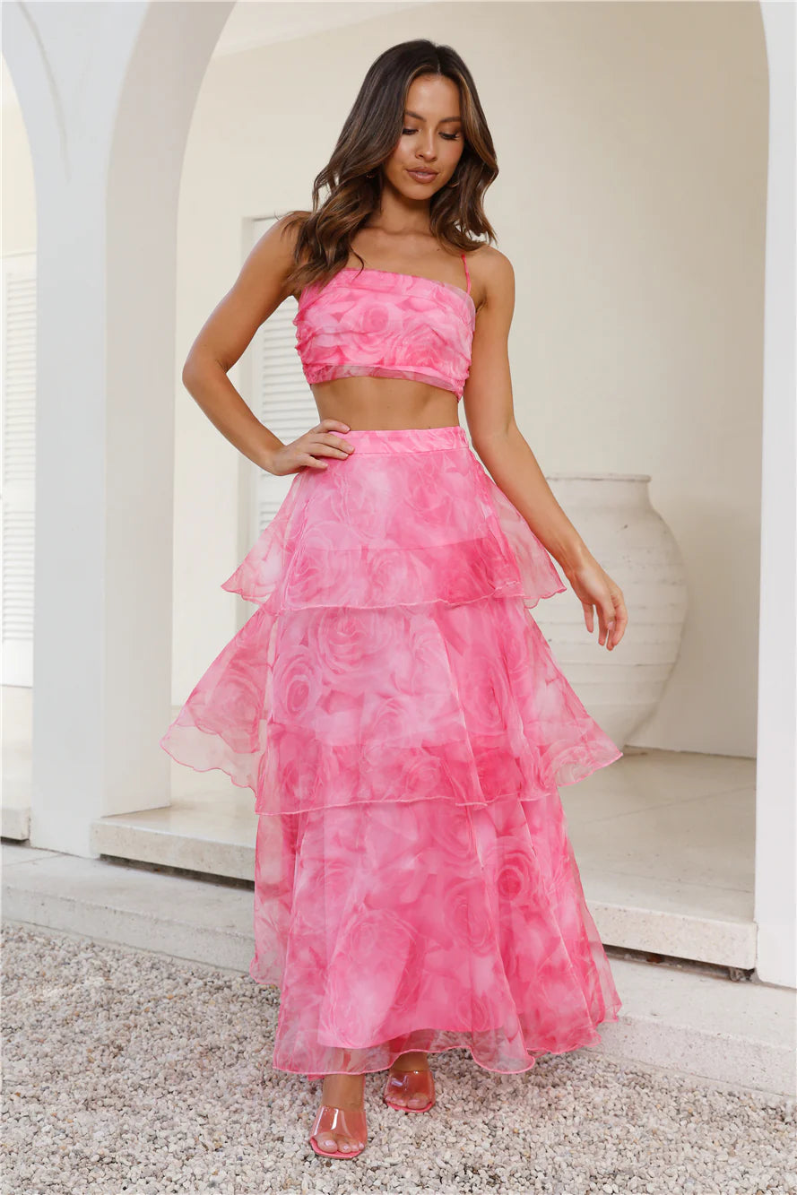 Worthy Of Roses Frill Maxi Skirt Pink