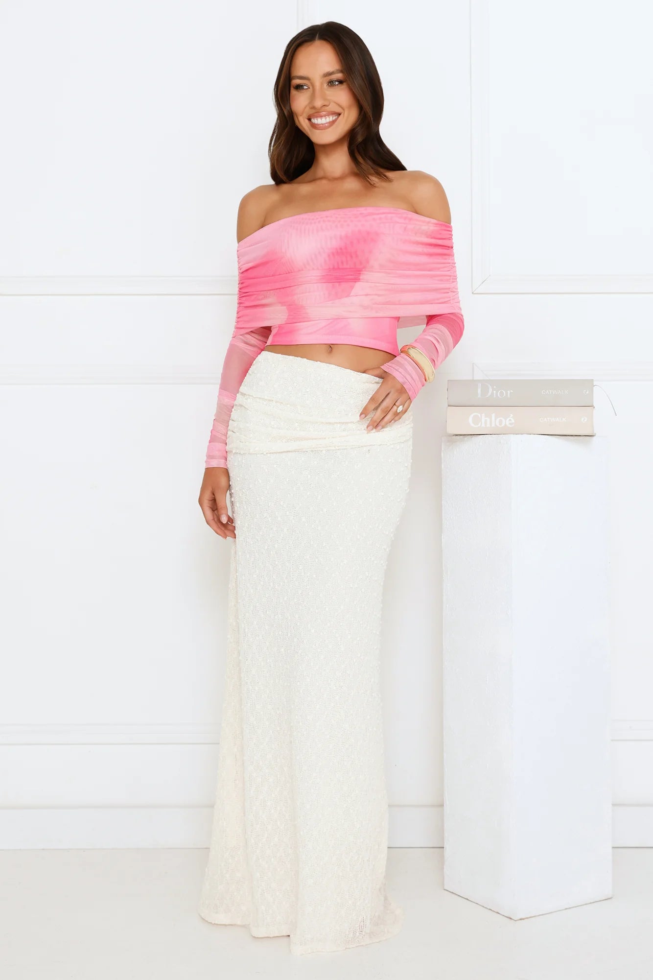 Glow Getter Girl Off Shoulder Crop Top Pink