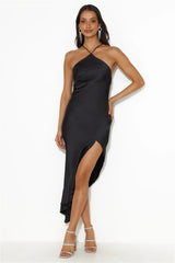Twilight Setting Satin Midi Dress Black