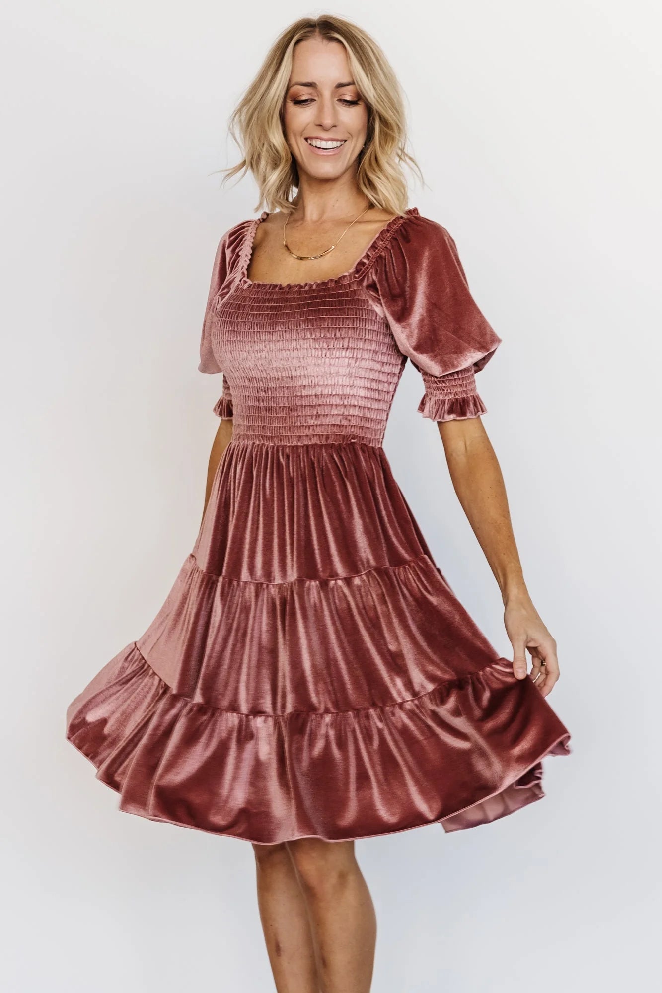 Bliss Smocked Velvet Short Dress | Vintage Rose