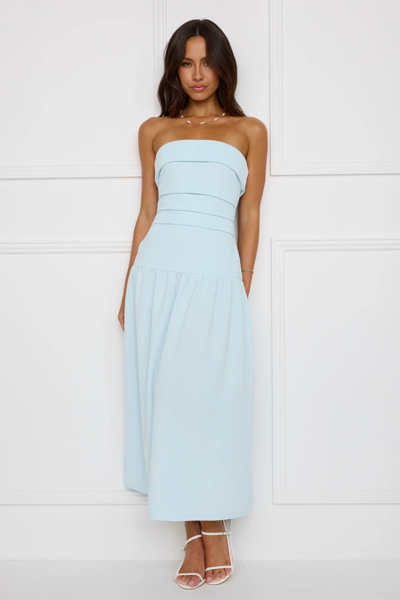 Effortlessly Posh Strapless Midi Dress Blue