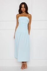 Effortlessly Posh Strapless Midi Dress Blue