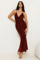 Zebra Charm Halter Maxi Dress Red