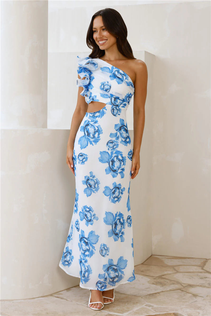 Crystal Crush One Shoulder Maxi Dress Blue