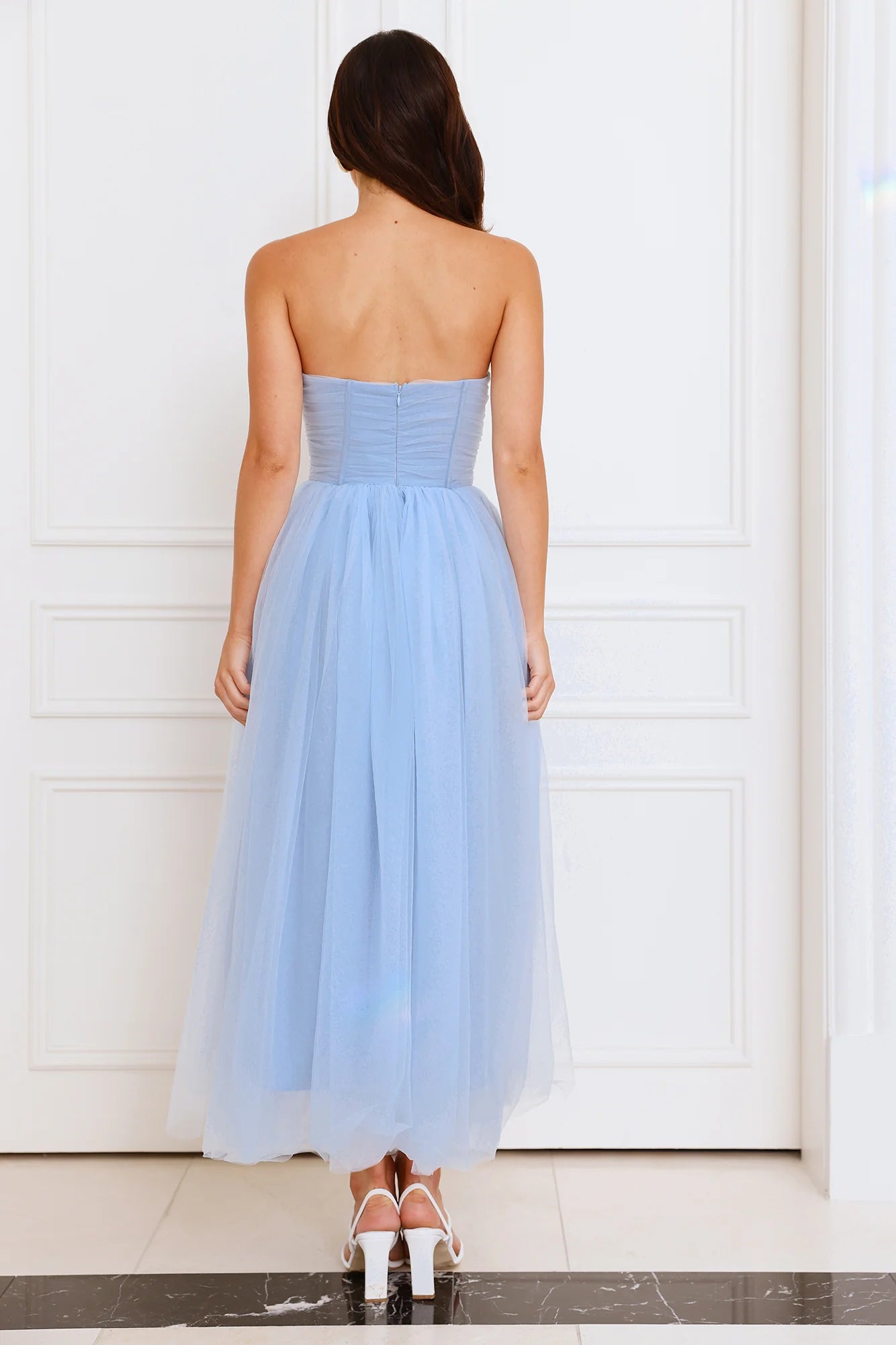 Beauty Pageant Strapless Tulle Midi Dress Blue