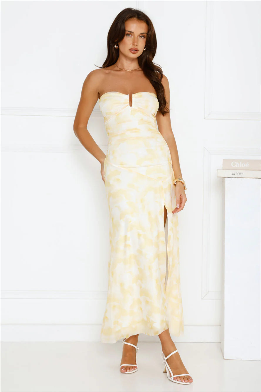 Gatsby Glow Strapless Mesh Maxi Dress Yellow