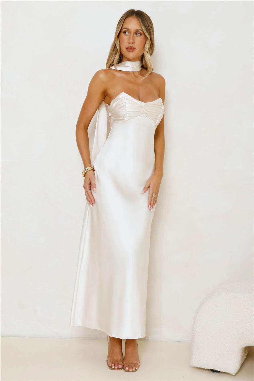 Be Noticed Strapless Satin Maxi Dress Champagne