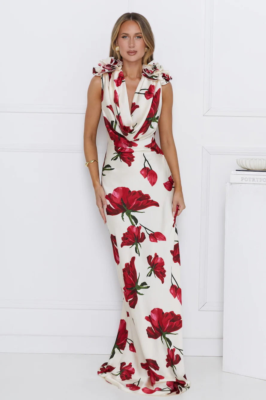 Falling Petals Satin Maxi Dress Ivory