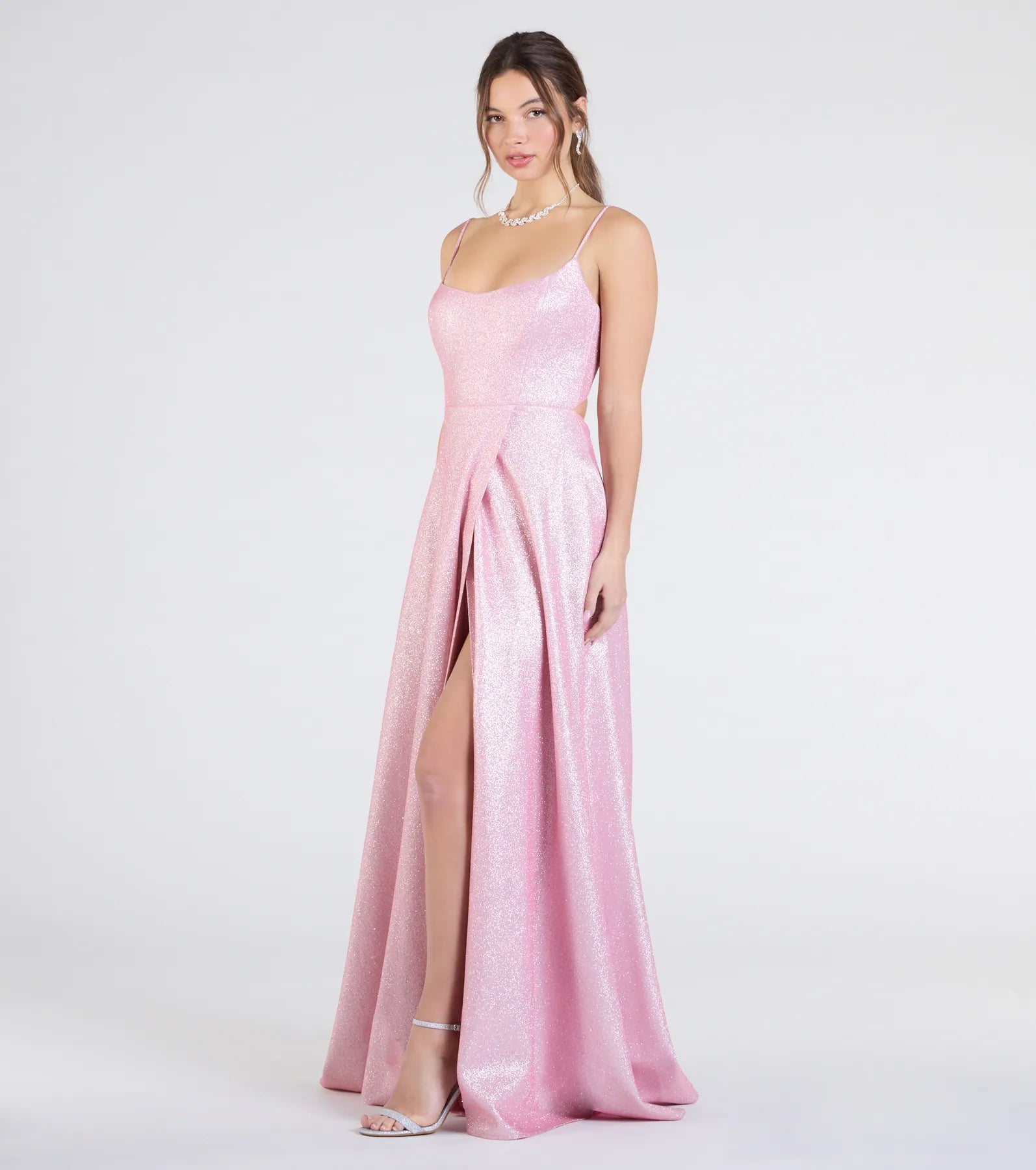 Minka Lace-Up Slit A-Line Glitter Formal Dress
