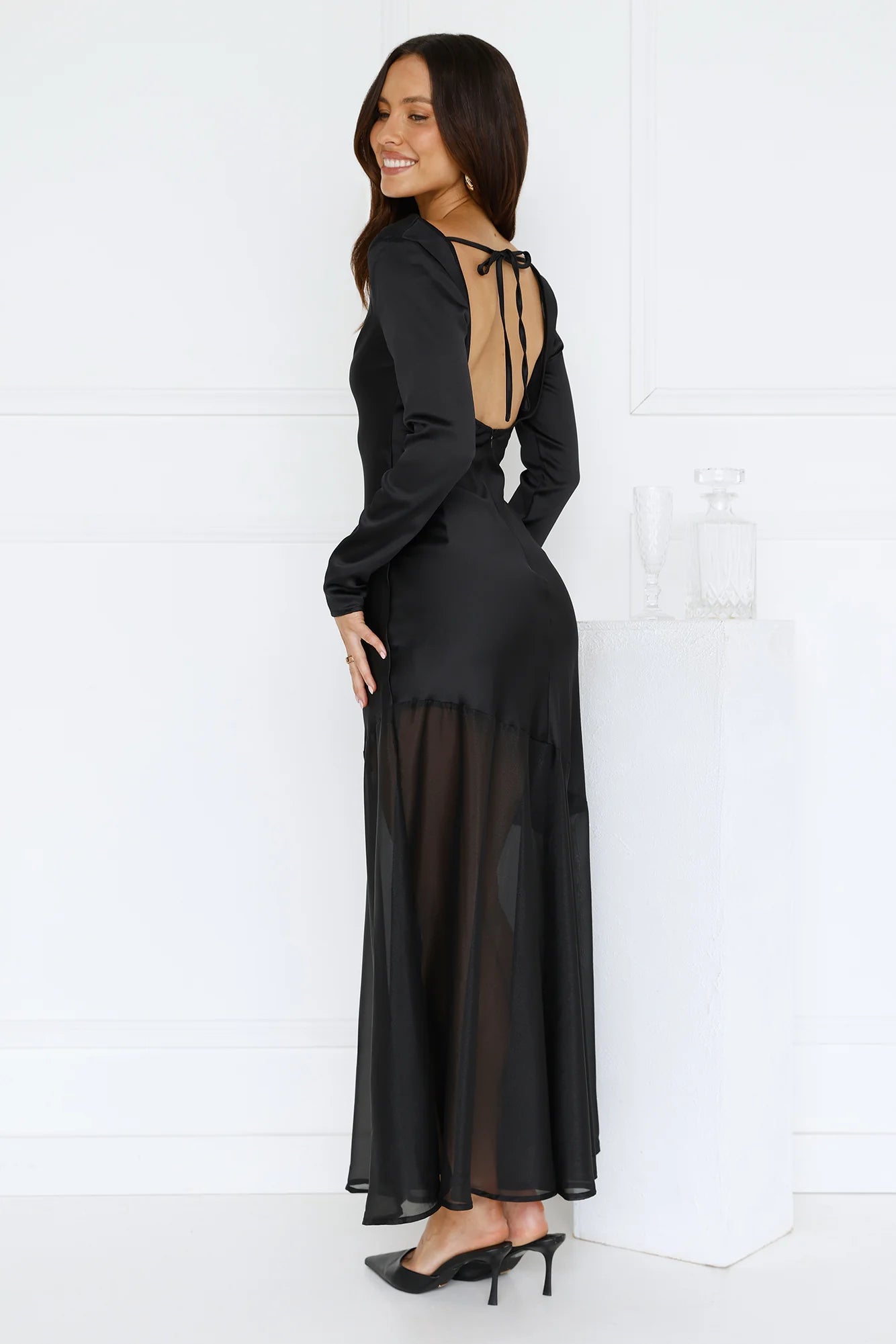 Exquisite Luxury Satin Long Sleeve Maxi Dress Black