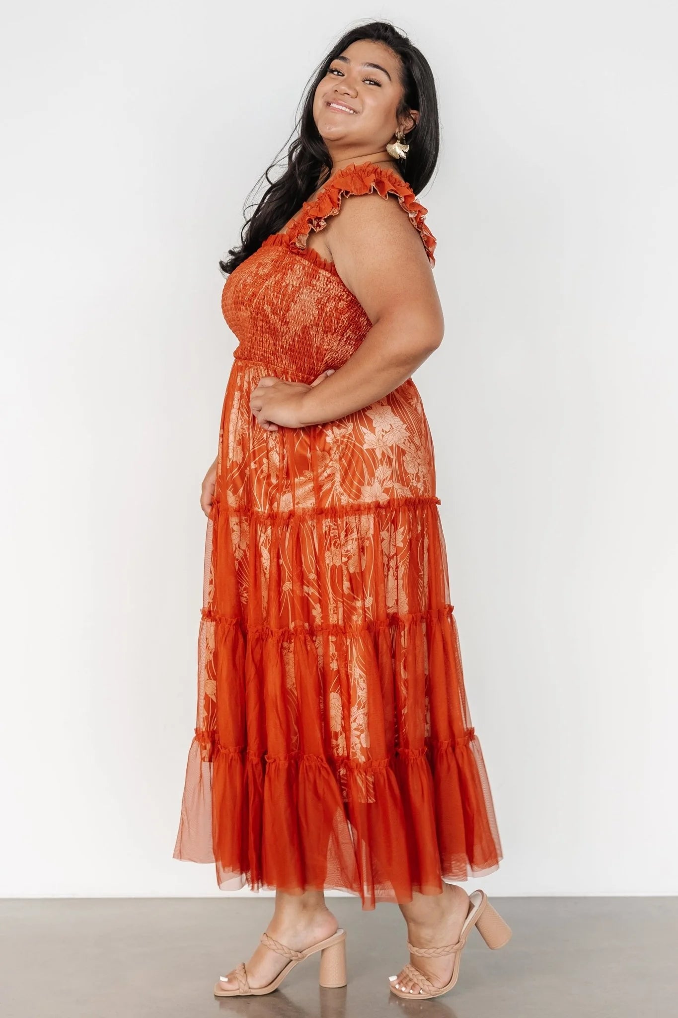 Cora Smocked Tulle Dress | Rust Floral