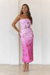 Bloom With Me Strapless Sequin Midi Dress Pink