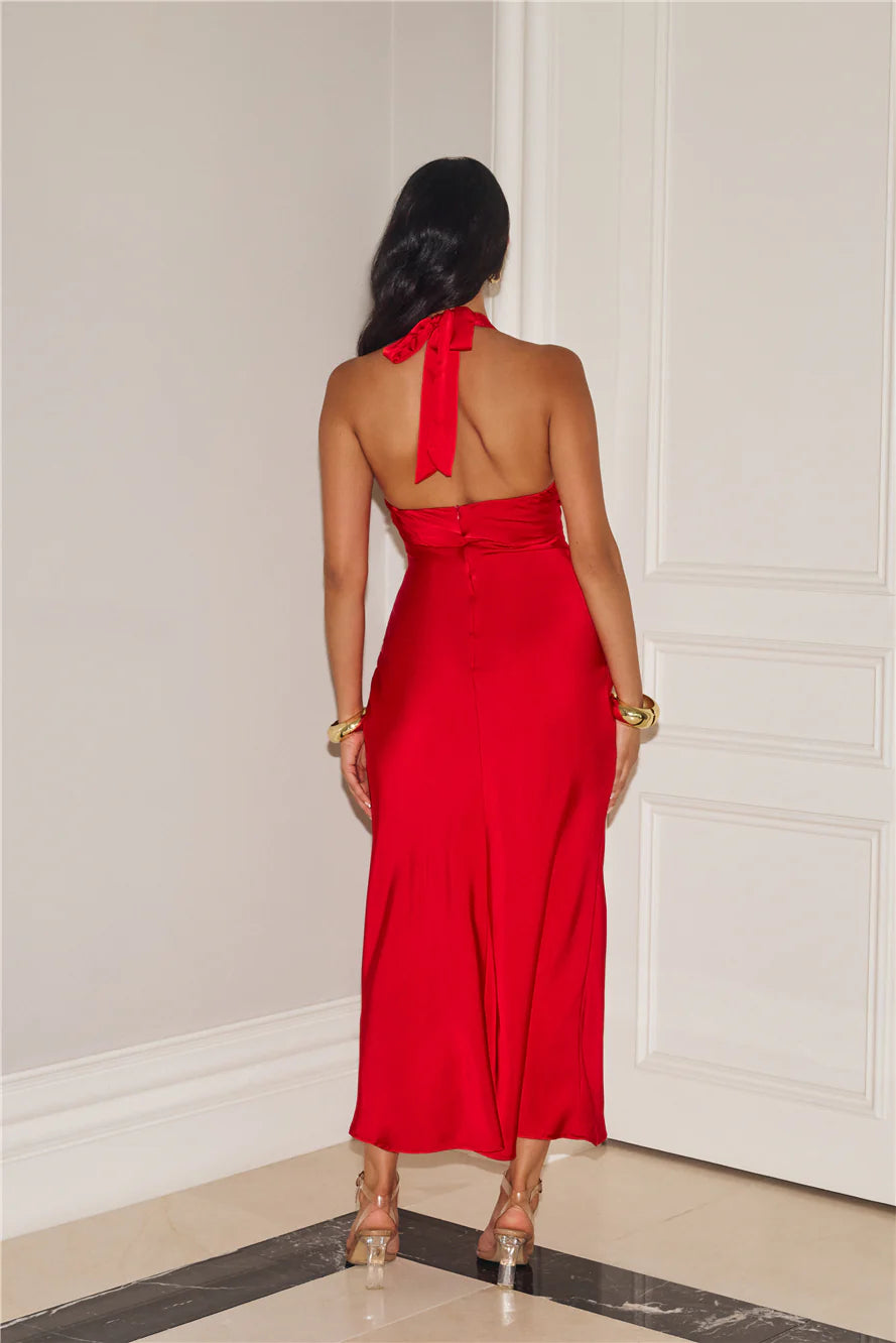 Gold Romance Halter Satin Maxi Dress Red