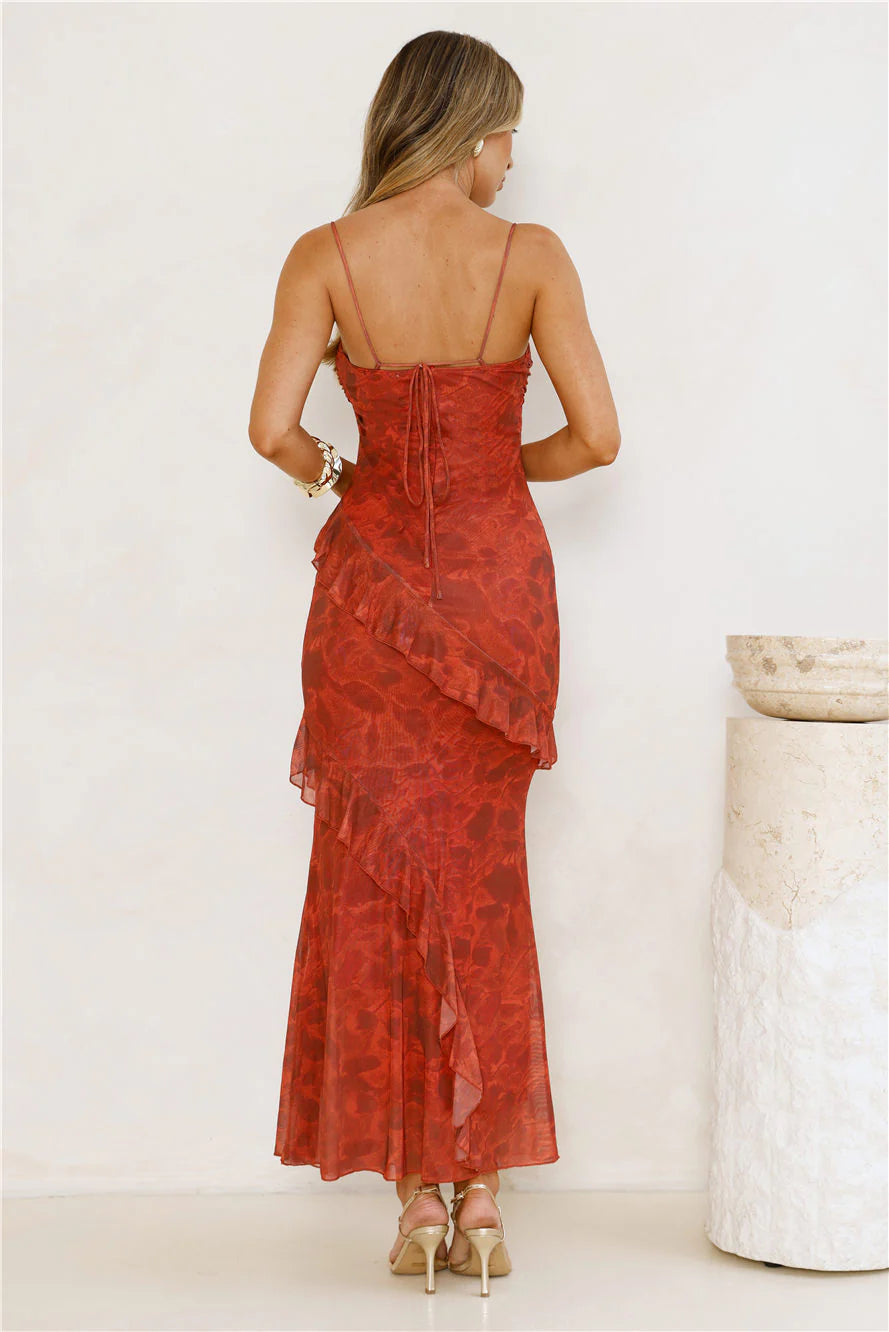 Gilded Muse Mesh Maxi Dress Red