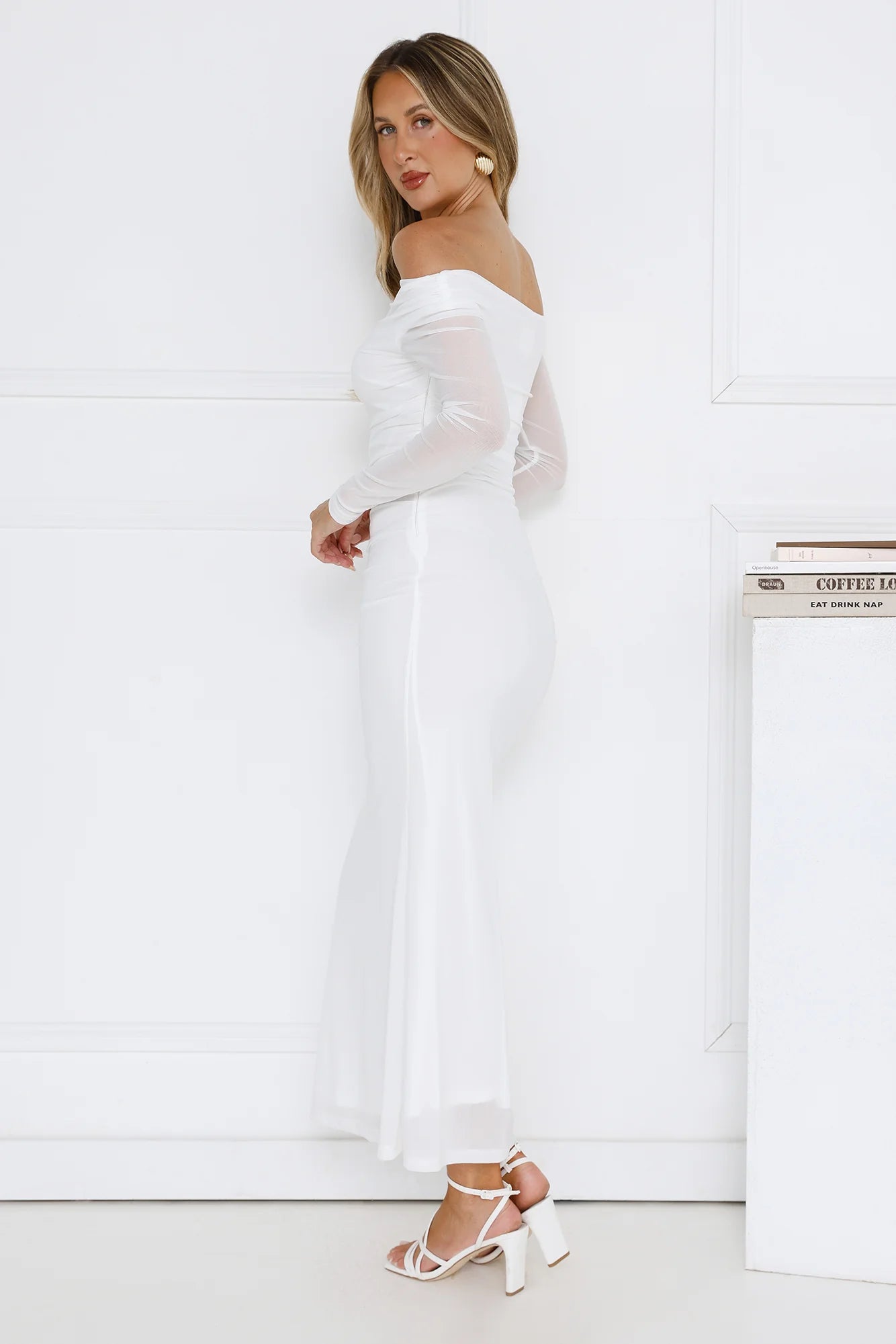 Curve Embrace Off Shoulder Mesh Maxi Dress White