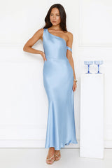 Glimmering Sky Satin Maxi Dress Blue