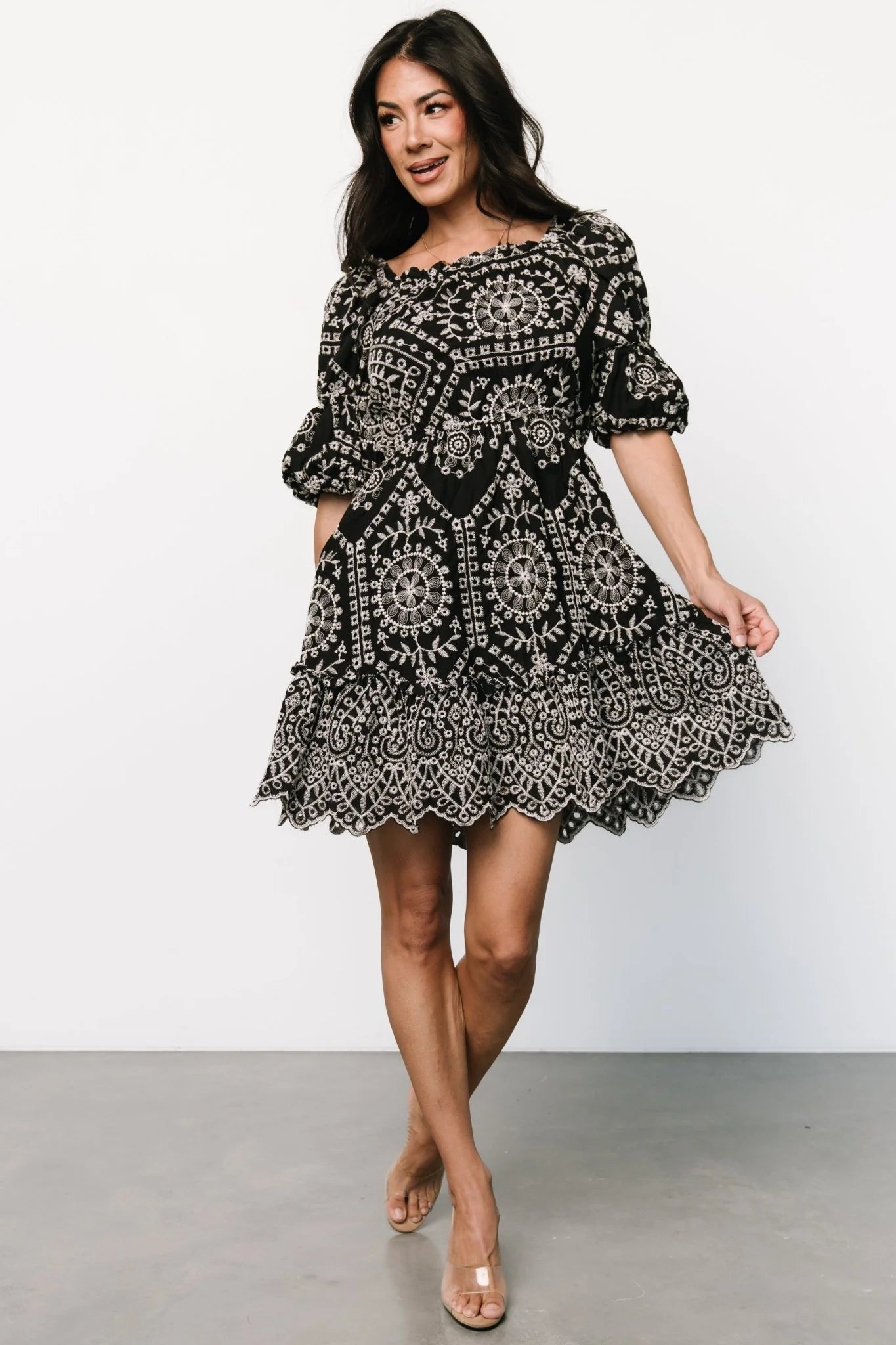 Katina Embroidered Short Dress | Black + White