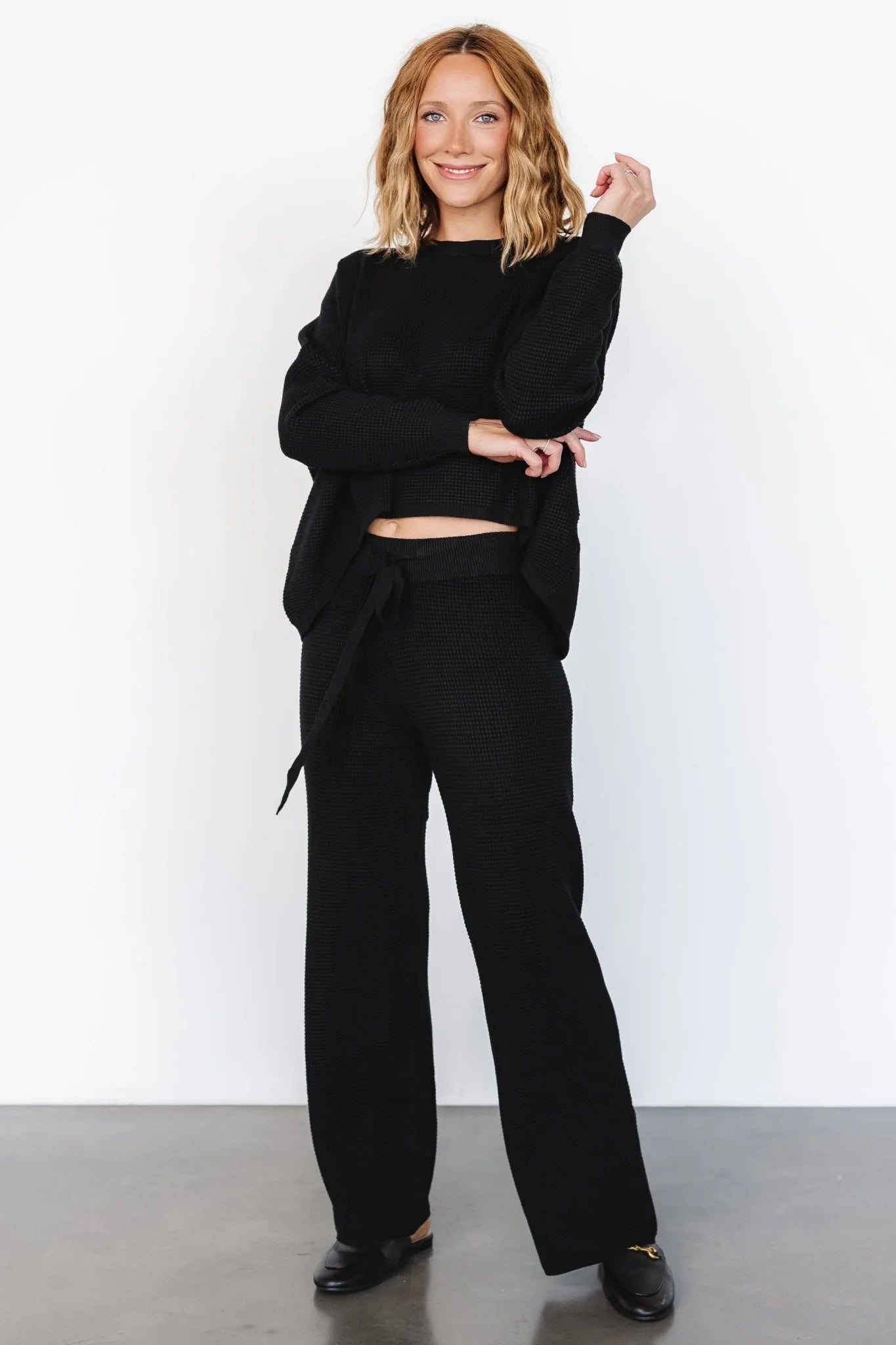Owen Waffle Sweater Top | Black