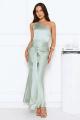 Dusk Enchantress One Shoulder Satin Maxi Dress Green