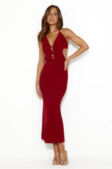Girl Is Snatched Mesh Halter Maxi Dress Burgundy