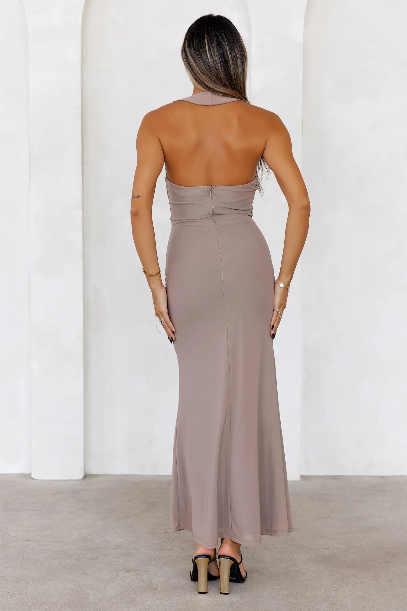 Everly Halter Mesh Maxi Dress Brown