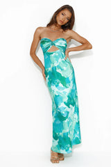 Color Bloom Strapless Satin Maxi Dress Green